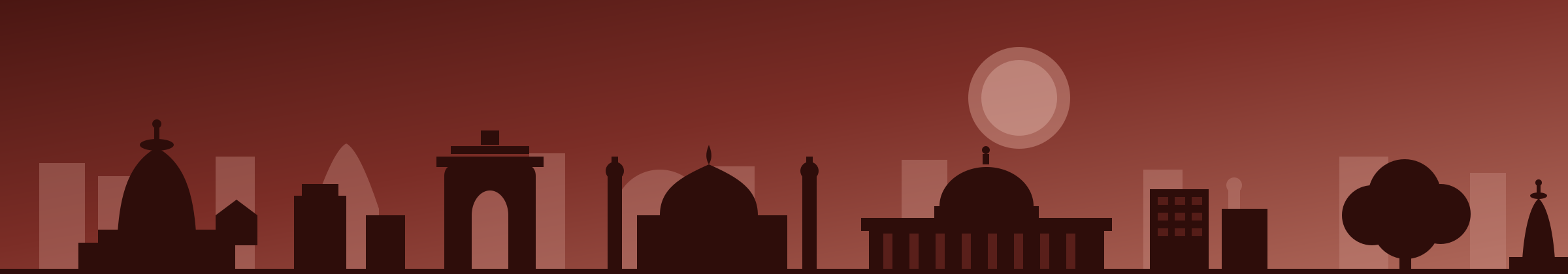 Stylized maroon skyline of Indian temples, a mosque, civic buildings, and a banyan tree