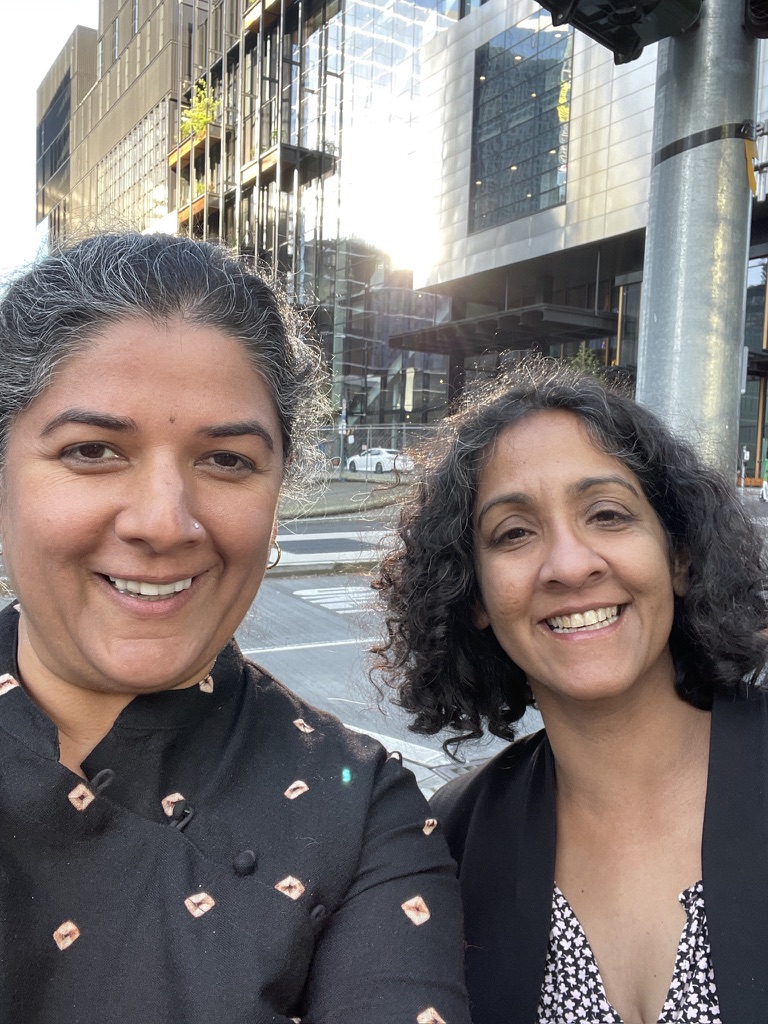 Nandini Deo and Sumita Pahwa on a city street